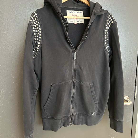 True Religion L unisex Black Studded Hoodie vintage Y2K faded and worn Y2K - Picture 2 of 14